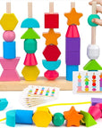 🧠 Wooden Shape Stacking and Lacing Toy- لعبة تكديس وربط الأشكال الخشبية