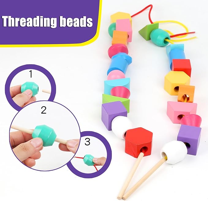 🧠 Wooden Shape Stacking and Lacing Toy- لعبة تكديس وربط الأشكال الخشبية