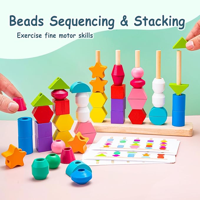 🧠 Wooden Shape Stacking and Lacing Toy- لعبة تكديس وربط الأشكال الخشبية