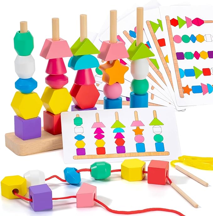 🧠 Wooden Shape Stacking and Lacing Toy- لعبة تكديس وربط الأشكال الخشبية