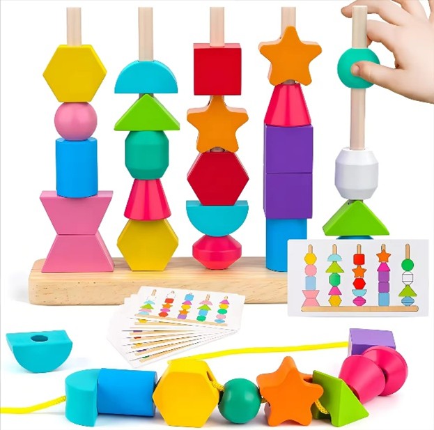 🧠 Wooden Shape Stacking and Lacing Toy- لعبة تكديس وربط الأشكال الخشبية